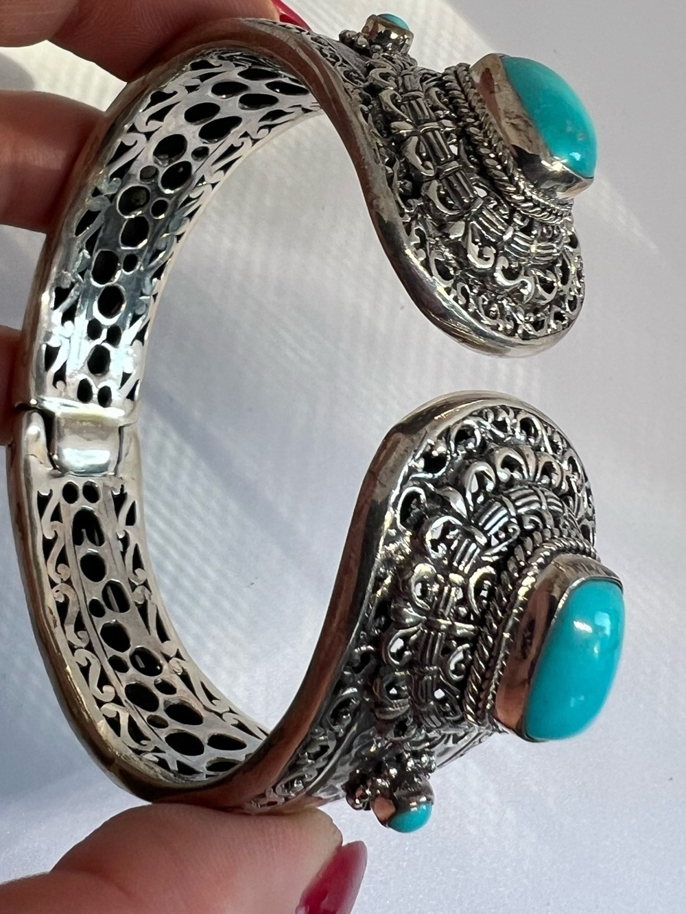 SARDA Sterling Silver Filigree Cuff Bracelet with Turquoise Stones
